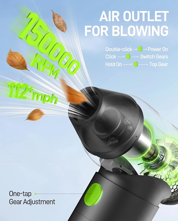 150,000 RPM Electric Air Duster [Aluminum Alloy], 180W Powerful Compressed Air Blower for PC Cleaning, 4400mAh 3-in-1 Vacuum & Air Pump for Inflatables, Portable Mini Leaf Blower for Car Home