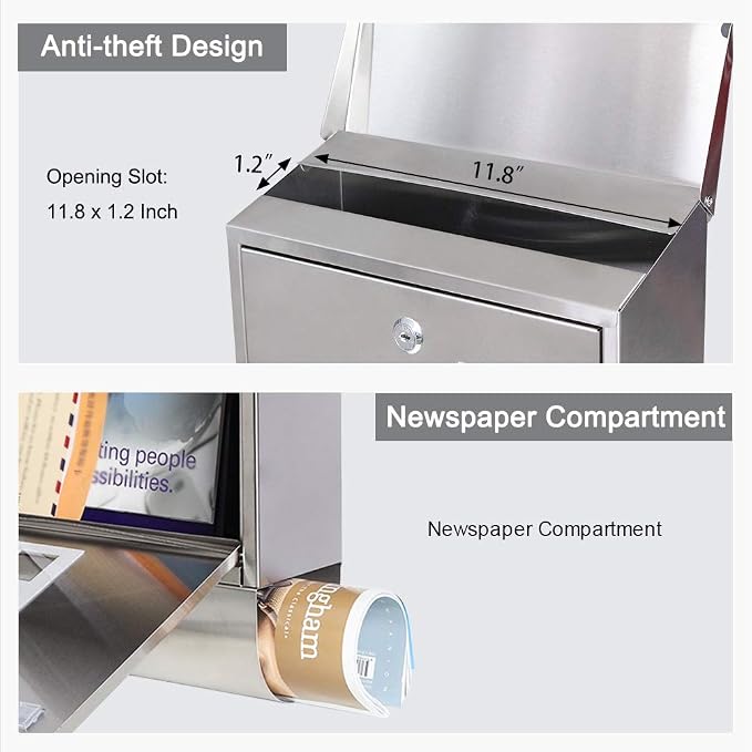 Jssmst Locking Wall Mount Mailbox, Stainless Steel Mailboxes with Secure Key Lock and Newspaper Compartment, HPB2203 Silver