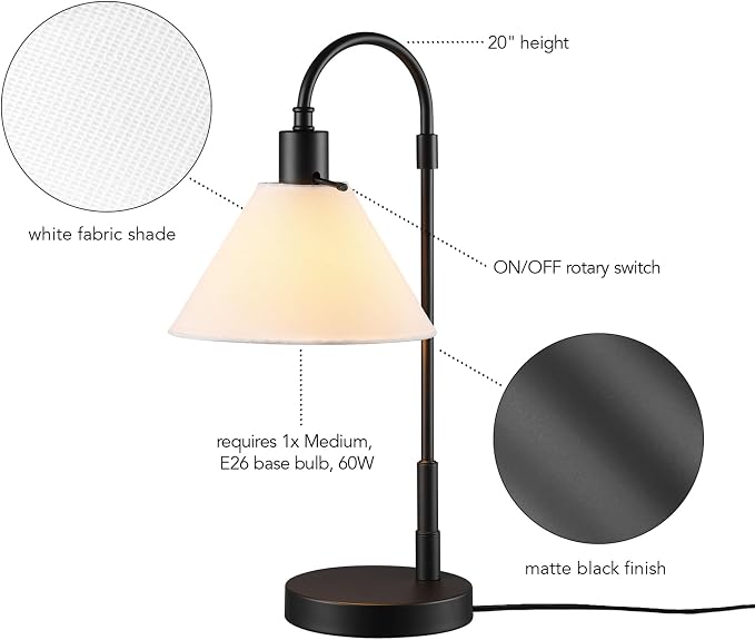 Globe Electric 20" Table Lamp, Matte Black, White Fabric Shade, Rotary Switch on Socket, 5-Foot Black Cord, Bedroom, Home Décor, Nightstand