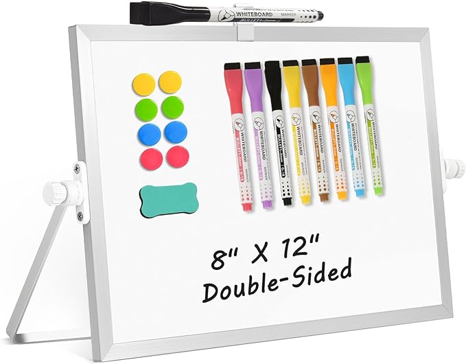 Double-Sided Magnetic White Board with Stand, 12" x 8" | Dry Erase Board with Stand, Desktop Whiteboard Easel , Portable Small White board dry erase for Drawing, Office, Home