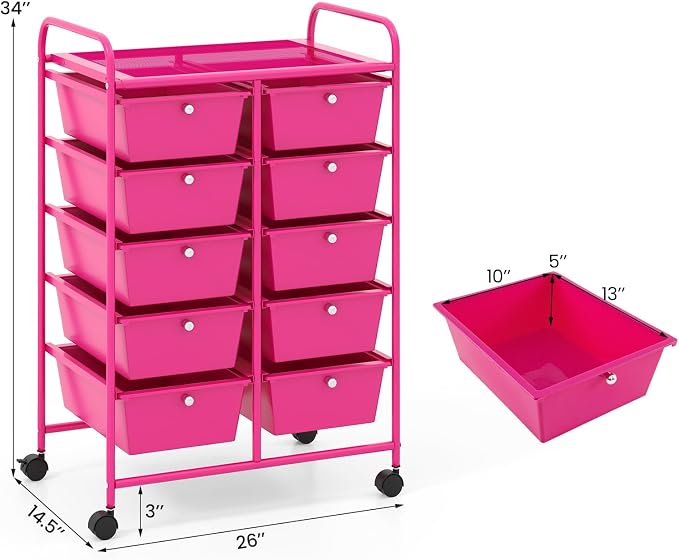 BECOMFORT 10-Drawer Rolling Cart with Drawers, Storage Cart on Wheels, Teacher Classroom Organizers with Metal Frame, Mobile Craft Cart, Trolley Utility Cart for School Office Play Room