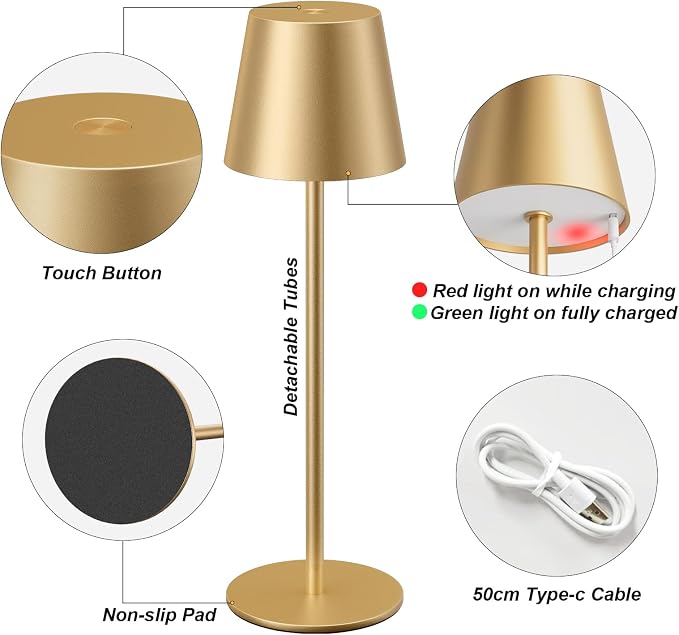 Kakanuo Cordless Table Lamp Rechargeable Gold - 4 Pack Battery Operated Lamp for Dining Table, 3 Color Stepless Dimming Wireless Lamp for Counter, Outdoor Patio, Touch Control