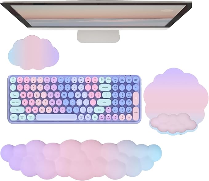 Cloud Keyboard Wrist Rest Mouse Pad with Wrist Rest for Computer Keyboard and Mouse Pad Set Memory Foam Cute Ergonomic Wrist Pad Support for Desk Gaming Home Office Pain Relief Pink Purple Blue