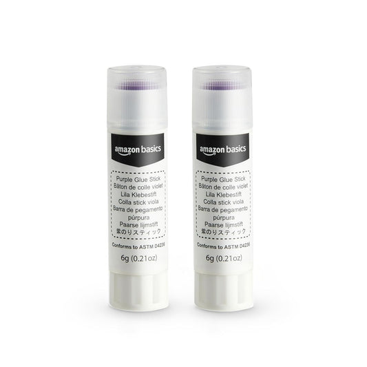 Amazon Basics Purple Washable School Glue Sticks, Dries Clear, 0.21-oz Stick, 2-Pack