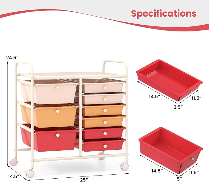 COSTWAY Rolling Storage Cart with 9 Drawer, Utility Cart with Metal Frame | Mobile Art Supply Craft Organizer, Multipurpose Storage Organizer for Paper, Office, School Teacher, Classroom, Macaron