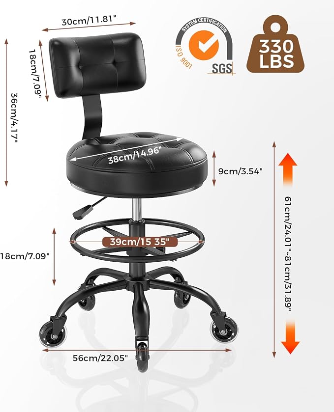 Office Drafting Chair with Footrest, Tall Height Adjustable Stool with Back Support, Heavy Duty Rolling Stool Chair with Wheels for Office Home Kitchen Bar Shop Guitar Studio Vanity, Black