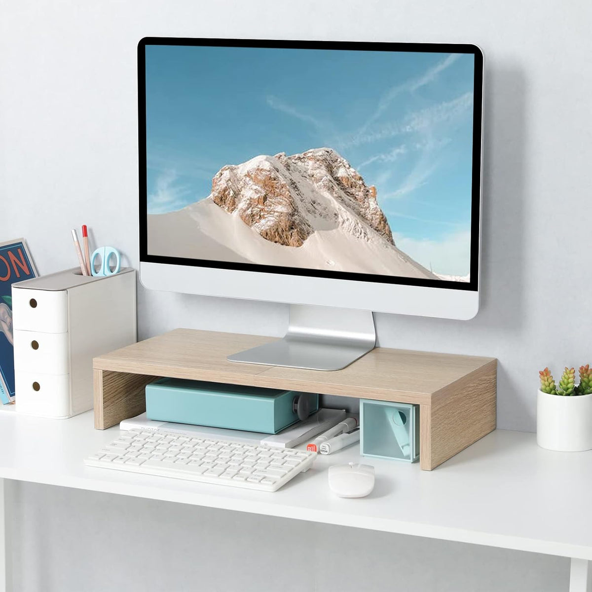 TEAMIX 20 Inch Wood Monitor Stand Riser, Wooden Desktop Stand for PC/TV/Laptop/Printer, Cozy Monitor Riser with Storage, Computer Stand Space-Saving