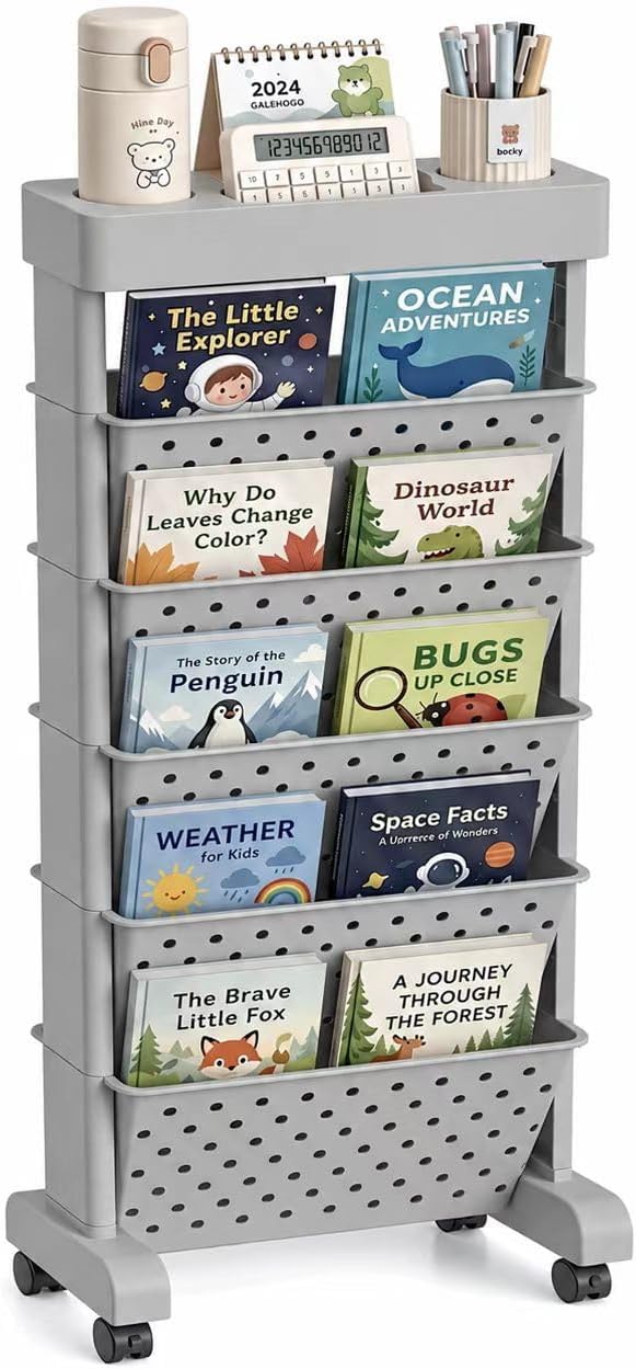 BYFU 6-Tier Rolling Bookshelf Cart, Grey | Movable with Wheels, File Paper Storage Organizer, For Home Office Study Classroom
