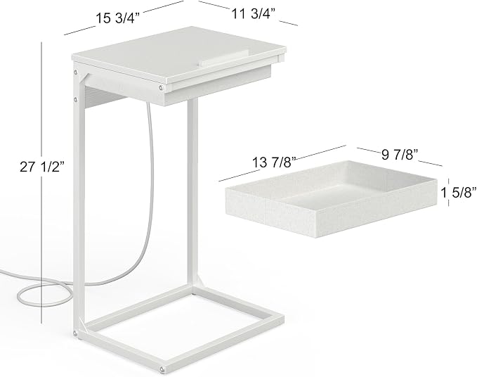 sthmec C Shaped End Table with Charging Station, 45° Tiltable Adjustable Flip Top Side Table with Storage,Small C Table for Small Spaces,Slide Under Couch Sofa Bedside Table for Living Room,White