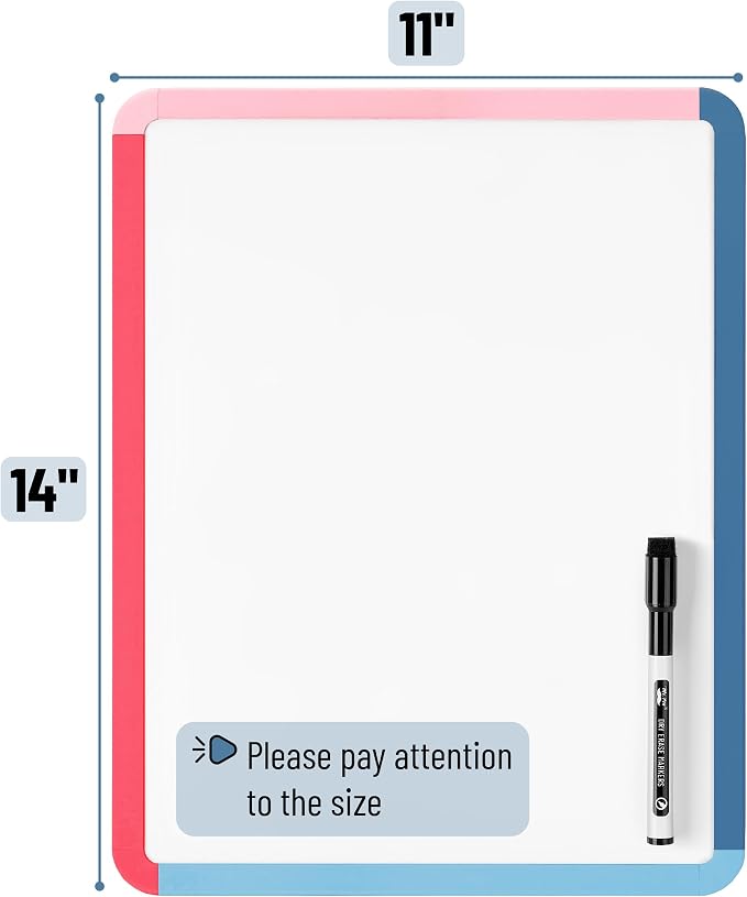Mr. Pen- Dry Erase Board, 14” x 11” with a Black Dry Erase Marker | Pink Tide Frame, Small Mini White Board for Students, Fridge, Wall, Locker, Includes Double Sided Tapes