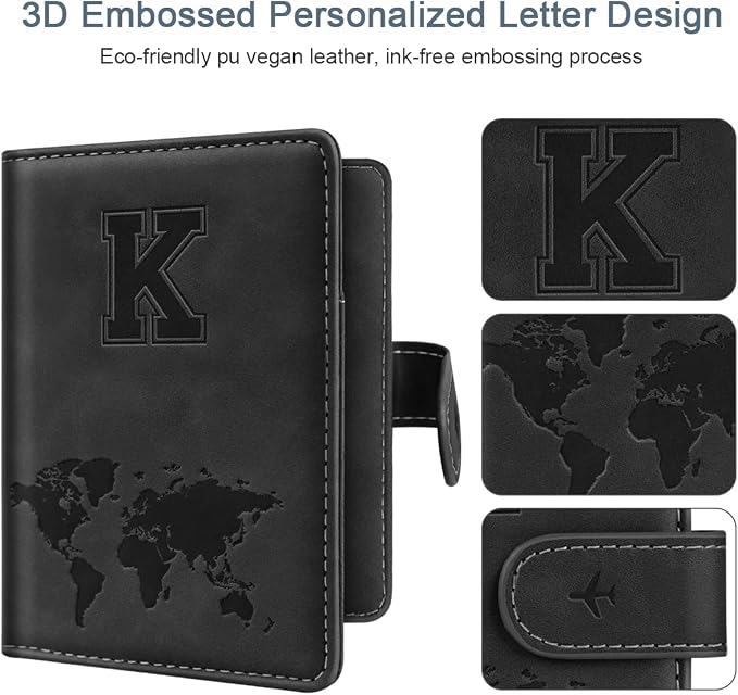 Passport Holder for Travel Essentials Personalized Initial Wallets | Embossed Letter A-Z Design, RFID Blocking, Passport Cover, Passport Book Holders, Men Women, Personalized Gifts, Black-K