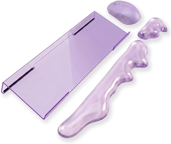 Acrylic Computer Keyboard Stand with Gel Mountain Wrist Rest Keyboard Riser with Comfortable Clear Silicone Mouse Wrist Pad Ergonomic Tilted Transparent Keyboard Holder for Desktop Office Purple