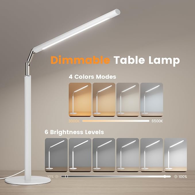 White LED Desk Lamp, 16" Dimmable Metal Desk Light with Base, 15W 1200LM, Adapter Included, Color & Brightness Adjustable, Modern Tall Table Lamp for Home Office Reading Study Task Laptop