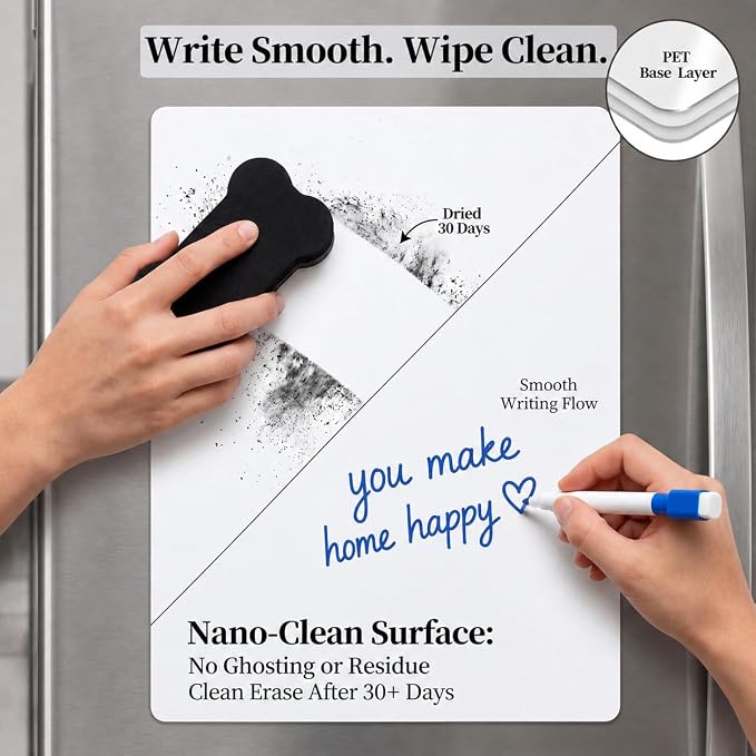 Small Magnetic Whiteboard for Fridge: 2-Pack Menu & Grocery Planner | Dry Erase Sheets for Shopping Lists & Meal Schedules - 12" x 8" Refrigerator Set Ships Flat with 3 Markers & 1 Eraser