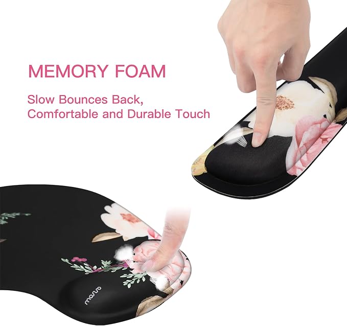 MOSISO Curved Wrist Rest Support for Mouse Pad&Keyboard Set, Black | Peony Ergonomic Mousepad Non-Slip Base Home/Office Pain Relief&Easy Typing Cushion with Neoprene Cloth&Raised Memory Foam