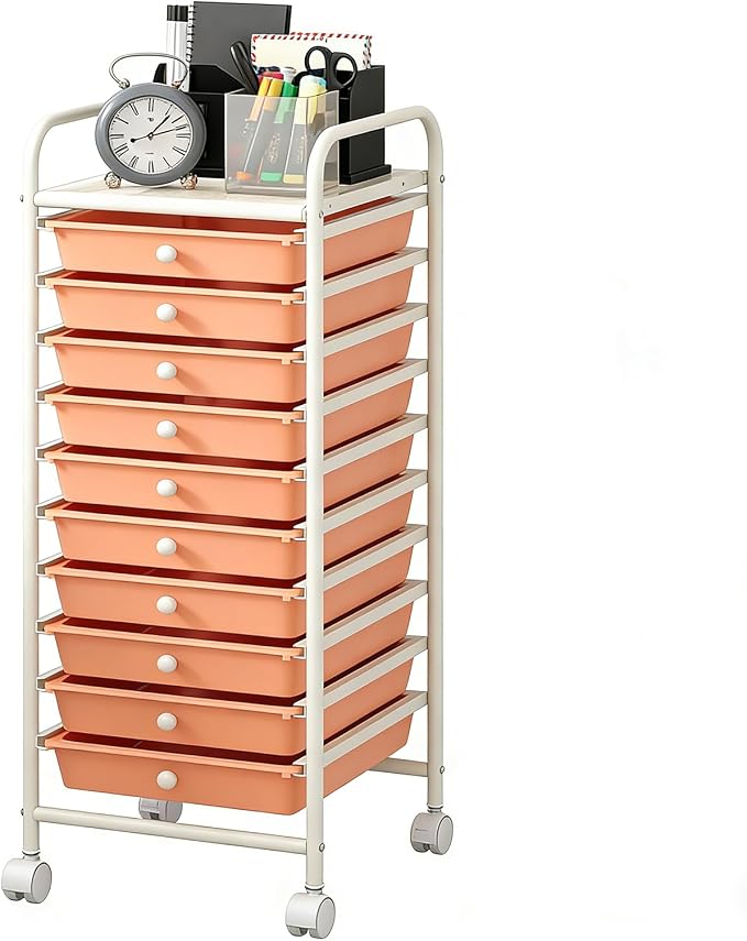 GLACER 10 Drawers Rolling Cart, Storage Cart with w/Removable Drawers & Steel Frame, Utility Mobile Trolley w/Universal Casters & 2 Brakes, Organizer Cart for Home, School, Office (Peach Fuzz)