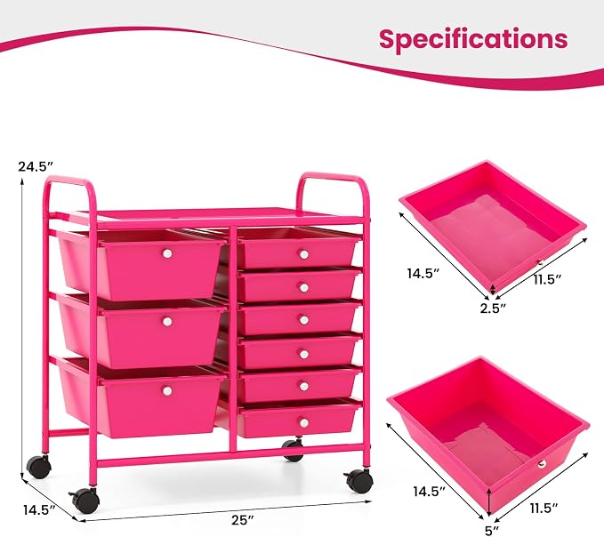 9 Drawer Rolling Storage Cart, Rolling Cart with Drawers for Classroom, Art Supply Craft Organizer on Wheel with Metal Frame & Handles for Home Office School