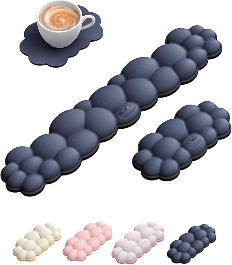 Vaydeer Cloud Keyboard Wrist Rest Set – Ergonomic Memory Foam Wrist Pad for Computer, Laptop & Gaming, Non-Slip Cute Desk Accessories for Office(Keyboard Rest + Mouse Rest + Coaster)