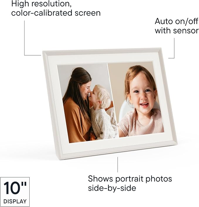 Aura 10" HD WiFi Digital Picture Frame – Free Unlimited Cloud Storage – Send Photos from Phone – No Subscription – Auto On/Off – Gift for Parents & Grandparents (White Mat, 10")