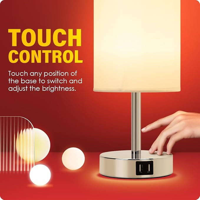 Yarra-Decor Bedside Lamps with USB Port - Touch Control Table Lamp for Bedroom 3 Way Dimmable Nightstand Lamp Set of 2 with Round White Fabric Shade for Living Room, Dorm, Home Office (White, 2 Pack)