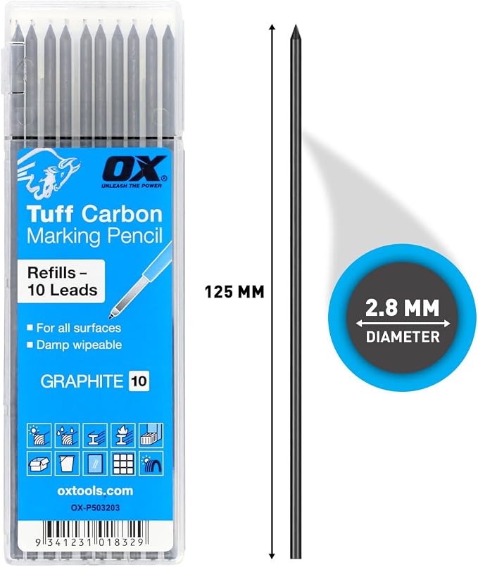 OX Tuff Carbon Marking Pencil Refills - 2.88mm 10 Pack | Break-resistant graphite lead, fits all 2.8mm carpenter pencils, deep-hole compatible, woodworking and construction use