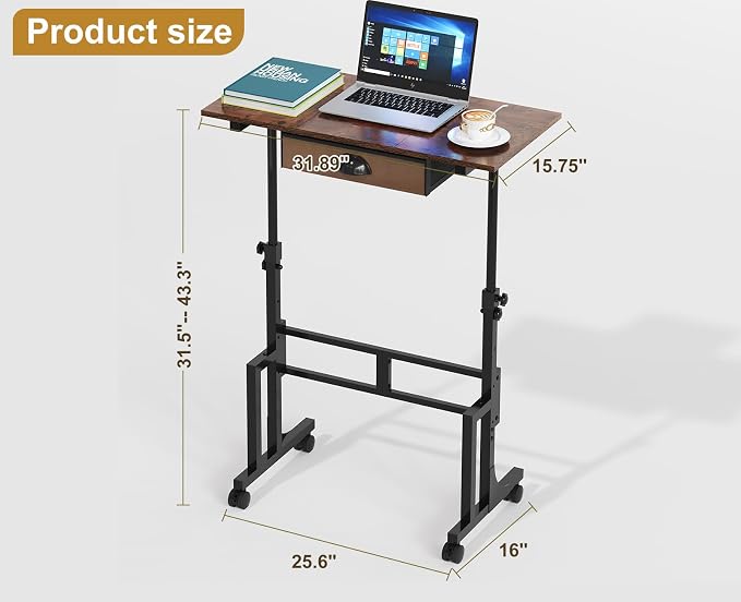 Adjustable Height Standing Desk With Drawer, Rolling Sit Stand Up Desk With Wheels, Small Sit To Stand Computer Desk, Adjustable Desktop Height, On Wheels, Brown, For Walking Pad Laptop Treadmill