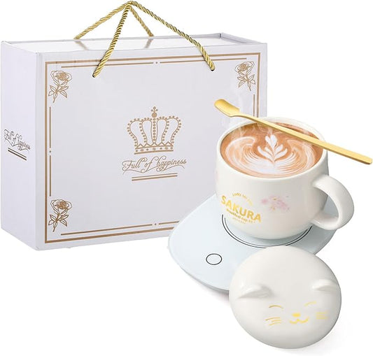 Honeydak Coffee Mug Warmer Cute Cat Mug Set Cup Warmer for Women Heated Coffee Warmers for Mom Home Office Desk Valentine's Day Anniversary Birthday Gifts(Sakura,White)