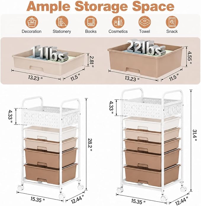 4 Drawer Rolling Storage Cart with Pegboard Top and Hooks, Brown | Mobile Organizer Cart with Wheels for Office Supplies, Craft Storage, Classroom Organization, Home Utility Cart
