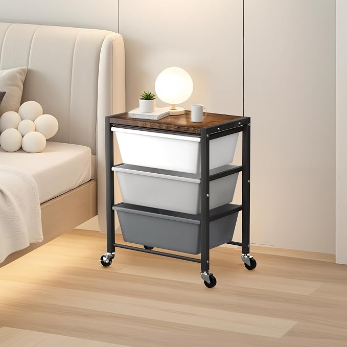 Rolling Cart with 3 Drawers, Plastic Drawer Storage Carts with Lockable Wheels & Wooden Tabletop, Metal Utility Cart Organizer, Office Bedroom Classroom Craft Organization and Storage, Dark Grey