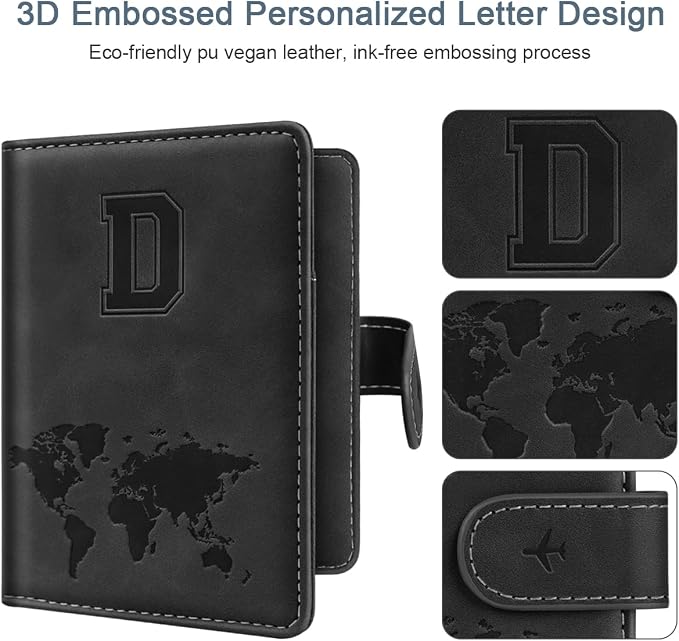 Passport Holder for Travel Essentials Personalized Initial Wallets | Embossed Letter A-Z Design, RFID Blocking, Passport Cover, Passport Book Holders, Men Women, Personalized Gifts, Black-D