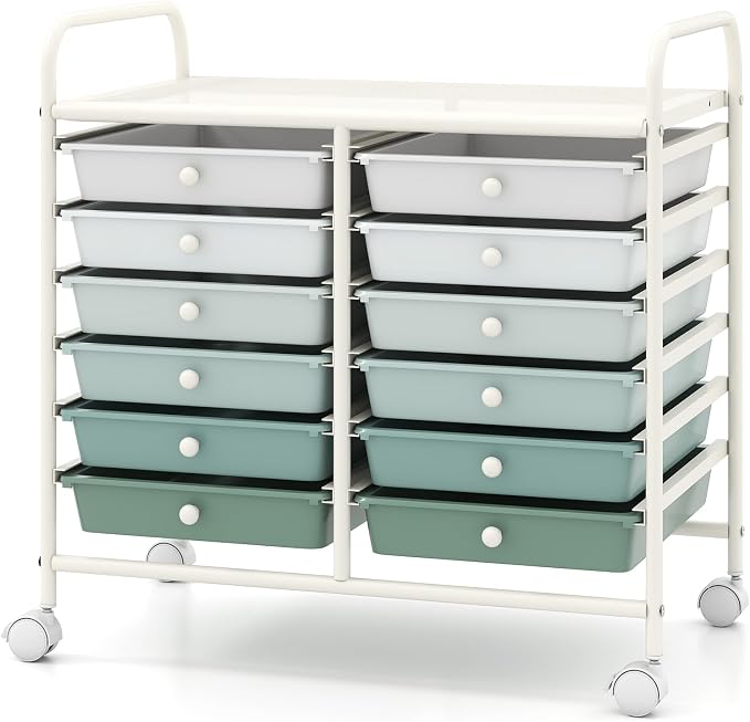 RELAX4LIFE 12-Drawer Rolling Storage Cart - Mobile Utility Cart on Wheels for School Classroom Teacher Office Salon, Paper File Art Supply Craft Organizer, Rolling Cart with Drawers (Gradient Green)