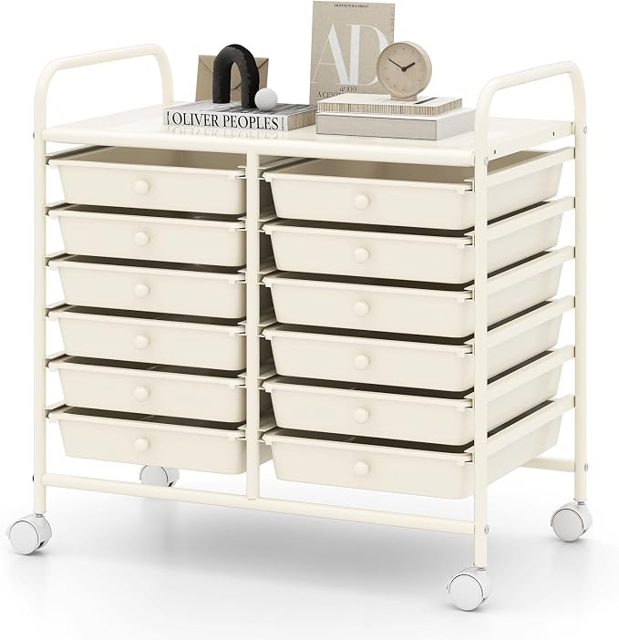 RELAX4LIFE 12-Drawer Rolling Storage Cart - Mobile Utility Cart on Wheels for School Classroom Teacher Office Salon, Paper File Art Supply Craft Organizer, Rolling Cart with Drawers (White)