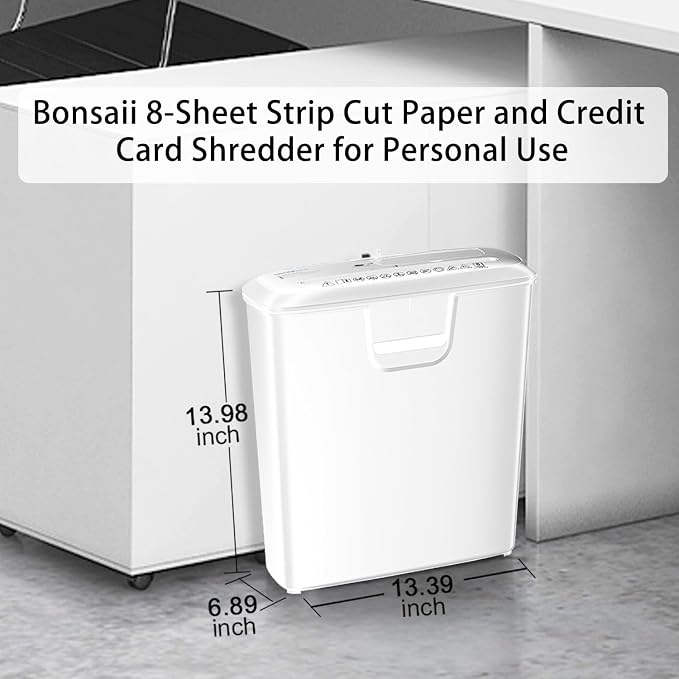 Bonsaii 8-Sheet StripCut Shredder - High Security, CD/Credit Card, Overheat Protection, 3.4 Gal Bin, Ideal for Home Office, Low Noise Operation, White