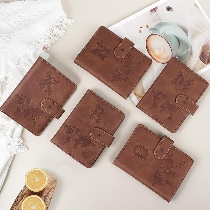 Passport Holder Wallet Cover Personalized Initial Travel Essentials | Embossed Letter A-Z Design, Travel Wallets, RFID Blocking, Passport Book Holders, Women Men, Personalized Gifts, Brown-L