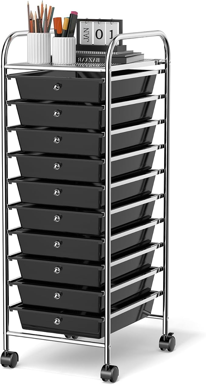 GLACER 10 Drawers Rolling Cart, Storage Cart with w/Removable Drawers & Steel Frame, Utility Mobile Trolley w/Universal Casters & 2 Brakes, Organizer Cart for Home, School, Office (Black)
