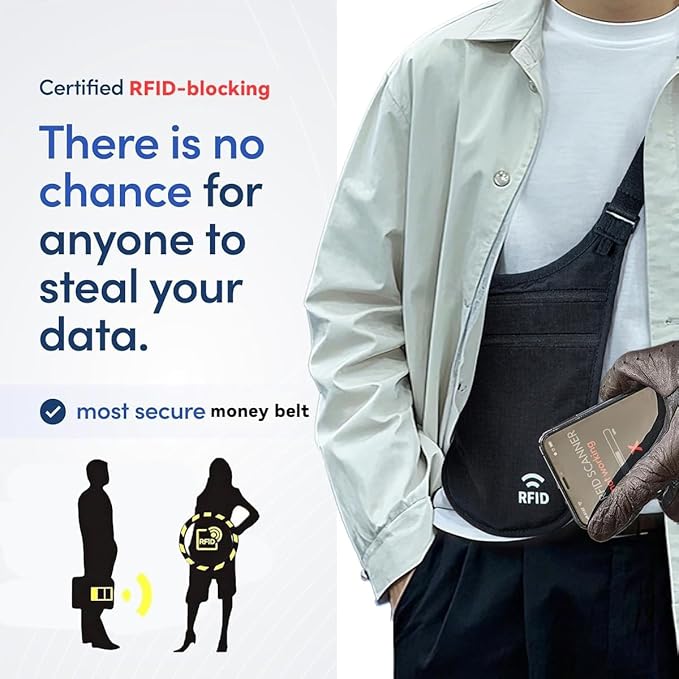 Money Belt for Travel, RFID Blocking Hidden Neck Wallet & Passport Holder | Unisex dual-strap + RFID, slim breathable, 3-compartment holds 4 passports+2 phones, durable YKK, water-resistant.