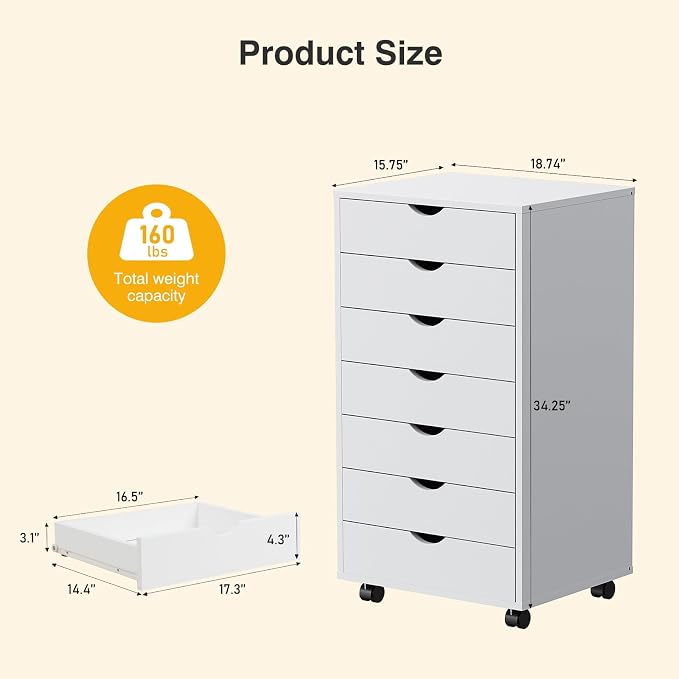 OLIXIS 7 Drawer File Cabinet, Printer Stand with Storage Cabinet | Wood Under Desk Storage Organization Holds Printer, Office Supplies, Not For Hanging Files, Fit Home Office White