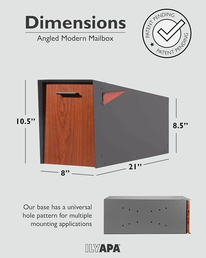 Ilyapa Modern Mailbox with Angle Design Post Mount - Metal Mailbox for Outside - Gray Exterior Mail Box - Powder Coated Steel - All Weather Resistant