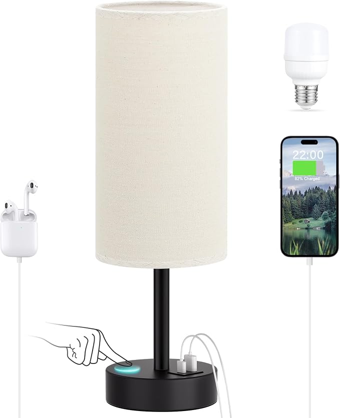 Dicoool Bedside Table Lamp for Bedroom - 3-Way Dimmable Touch Lamp, USB A+C | LED Bulb Included, 14" Small Nightstand Lamp for Desk, Living Room, Guest Room, Beige Fabric Lampshade, Black Metal Base
