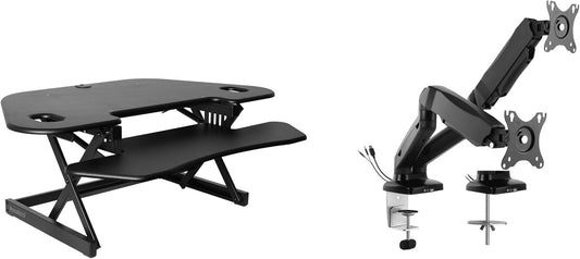 Rocelco 46" Height Adjustable Corner Standing Desk Converter with Dual Monitor Arm Mount Bundle - Sit Stand Up Tabletop Computer Workstation Riser - Extra Large Keyboard Tray - Black (R CADRB-46-MA2)