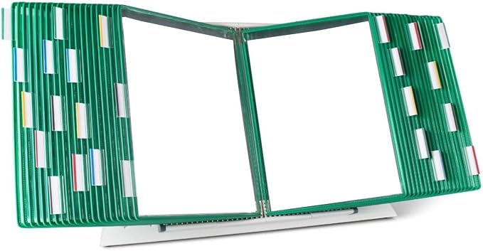 Tarifold Desktop Reference Display System, 40 Pockets, Expandable, Green | 40 double-sided PVC pockets, holds 80 letter-size sheets, sturdy metal base, quick-find indexing, quick and easy to assemble