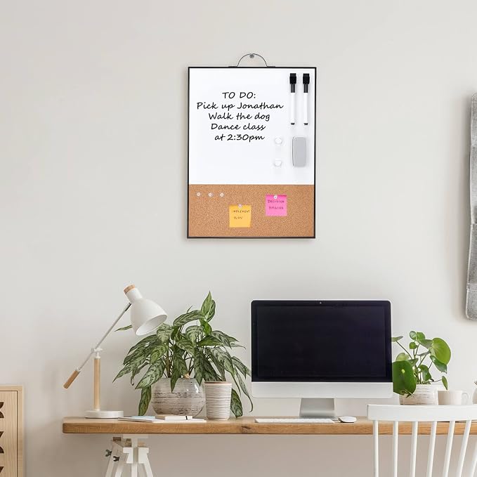 Small Whiteboard Cork-Board - 16" X 12" Portable Aluminum Black Framed Magnetic Dry Erase Board, Small Bulletin Cork Board with Holder for Office, Home and School