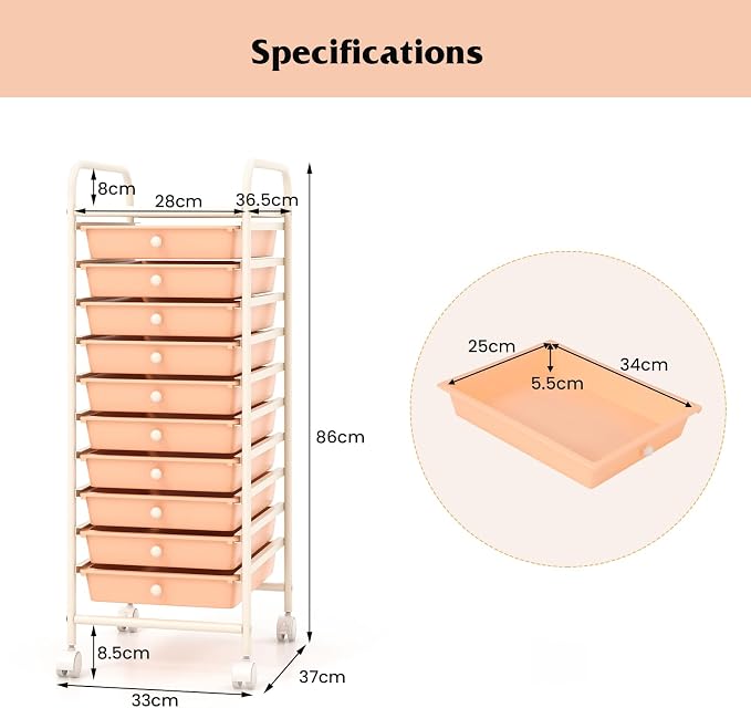 Storage Cart, Rolling Utility Cart with 10 Drawers, Portable Handles & Lockable Wheels, Mobile Paper Toys Storage Organizer Large Capacity for Home Office School Teacher (Peach)