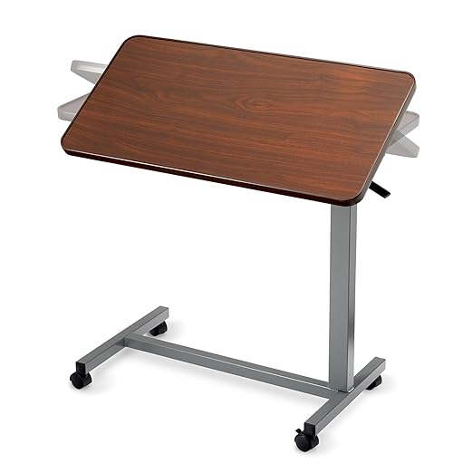 Invacare Bed Table, Height Adjustable & Tilting Overbed Table, Hospital Bedside Table, Medical Rolling Desk with Wheels, Waterproof Medical and Home Use L-Shaped Steel Base Over Bed Tray Table