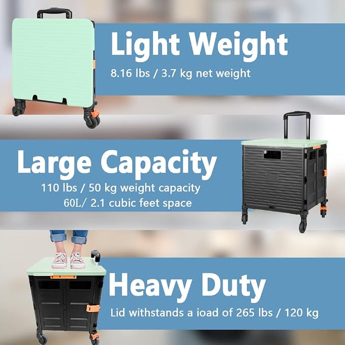 FELICON SELORSS Foldable Utility Cart Folding Portable Rolling Crate-Green | Heavy Duty,Telescoping Handle,4 Rotate Wheels,Collapsible Handcart for Travel Shop Move Luggage Laundry Teacher Office Use