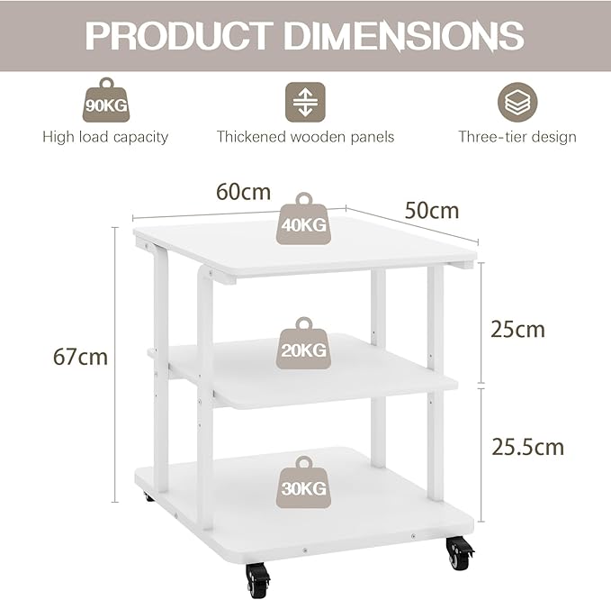 Natwind Printer Stand, 24''x20''x26'' Large Printer Table with Storage Shelf, 3 Tier Rolling Printer Cart with Wheels,Multifunctional Shelves for Home Office（White）