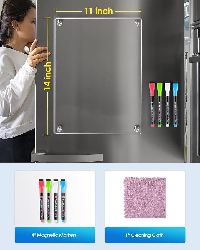 MaxGear Acrylic Fridge Whiteboard Magnetic Dry Erase Board, 11 x 14 Inch | Larger Writing Space, Strong Magnetic Hold, Smooth Writing and Easy Cleaning for Grocery Lists and Family Organization