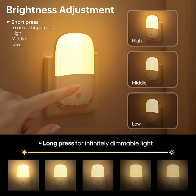 LED Night Light Plug into Wall, 2 Pack Dimmable Night Lights with Dusk to Dawn Sensor & Retractable Plug & 3 Adjustable Brightness, 3000K Warm Nightlight for Adults/Kids/Bedroom/Stair/Hallway/Kitchen