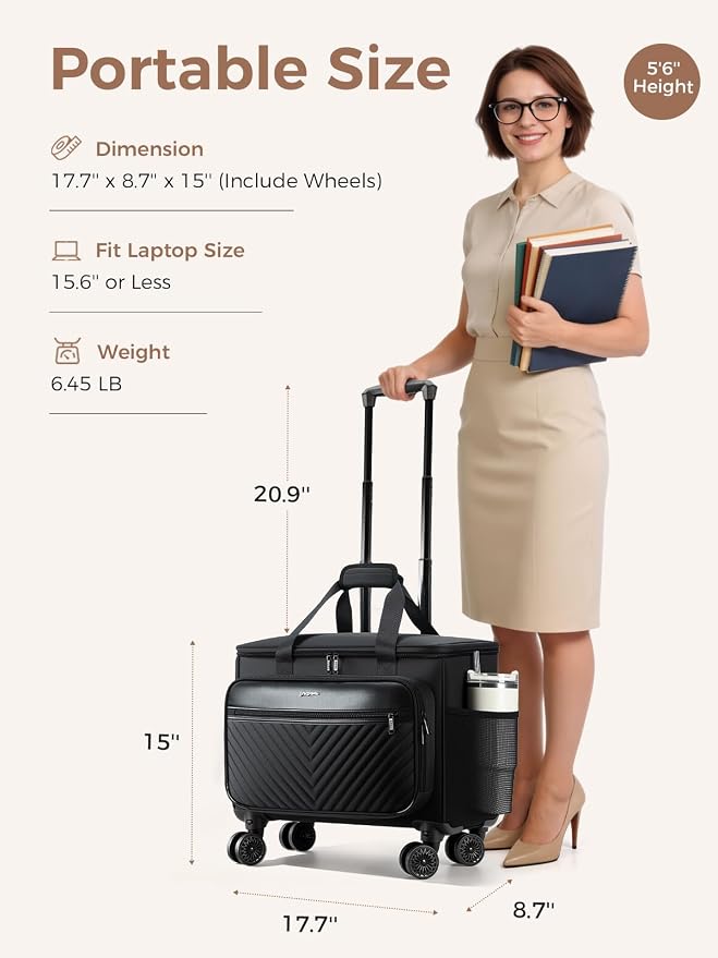 Rolling Teacher Bag with 4-Wheels 360° Spinner, Hardside Large | Laptop Rolling Briefcase for Women Teacher Office Craft Nurse, Roller Tote Work Bag with Accordion File, V-Quilted Black