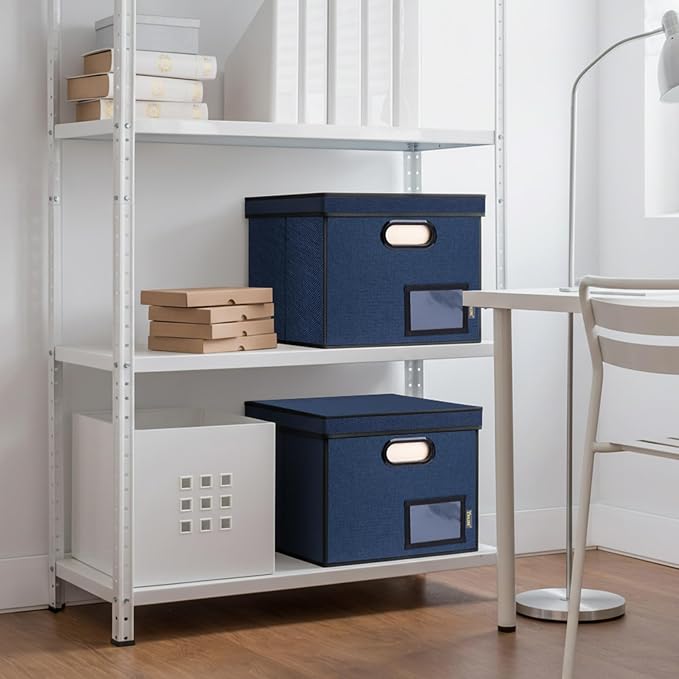 BALEINE File Organizer Box with Lid, Collapsible Hanging File Storage Box | Smooth Plastic Rails, Textured Fabric Exterior, Collapsible Hanging File Folder Box for Office Document Storage